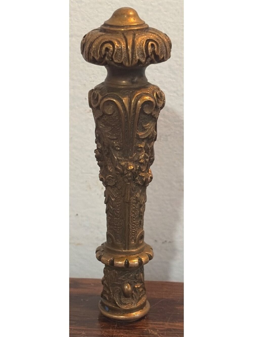 Antique Brass Ornate Walking Stick Topper With Intricate Floral & Scrollwork Des